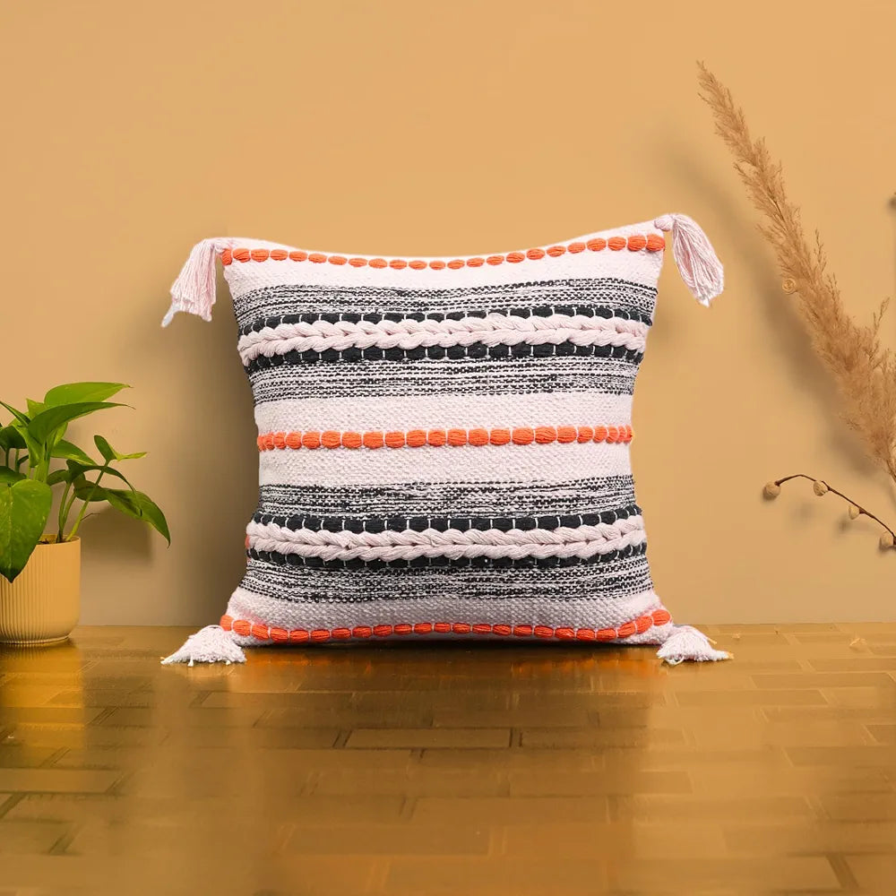 SAJAVAT HOME Cotton Cushion Cover 16X16 Inches  – Soft Decorative Cushion Cover for Sofa, Bed, or Chair – Beige & Orange, Pack of 1