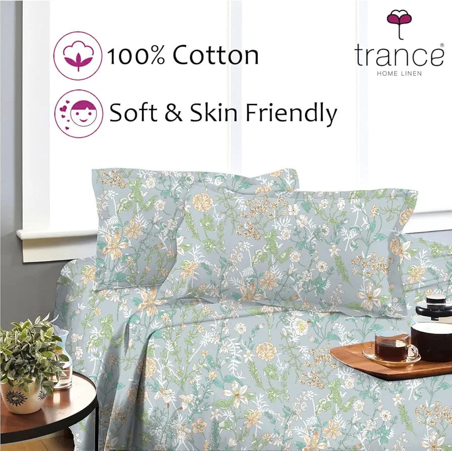Trance Home Linen Skin Friendly 100% Cotton Printed Fitted Bedsheet for Queen Size Bed with 2 Pillow Cover - Premium 180TC 