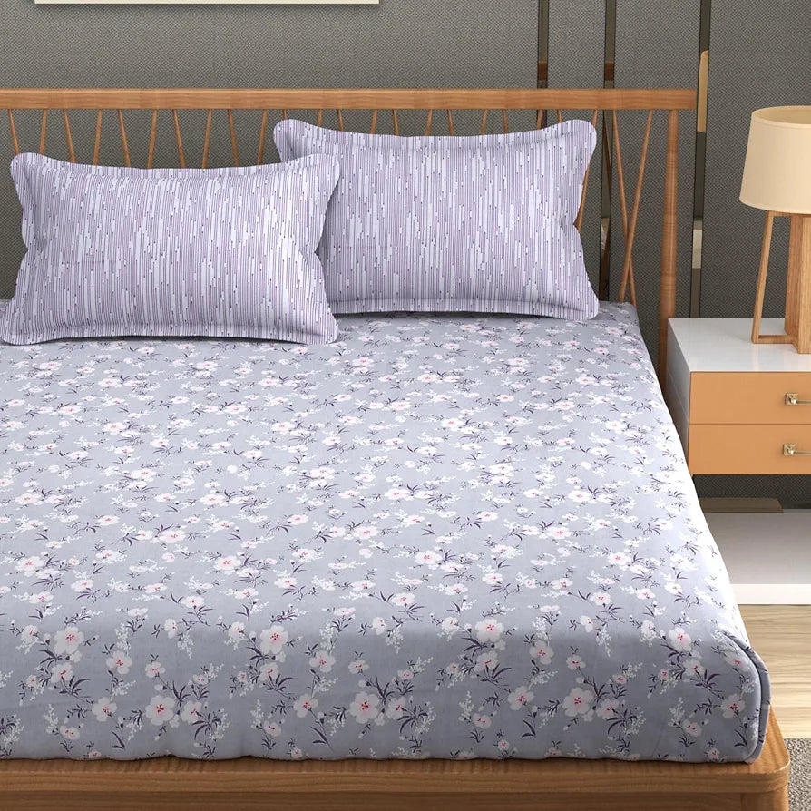 Homefab India 210 TC Glace Cotton King Size BedSheet with 2 Pillow Covers -  - Floral, Purple
