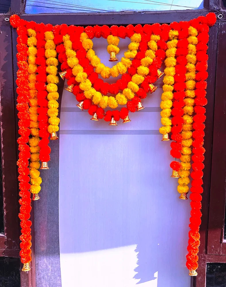 Rajasthan Kraft Artificial Fluffy Marigold Bandhanwar with Bell – 40 Inch Yellow Mango Flower Full Door Bandanwar for Home, Temple, Wedding & Festival Decoration