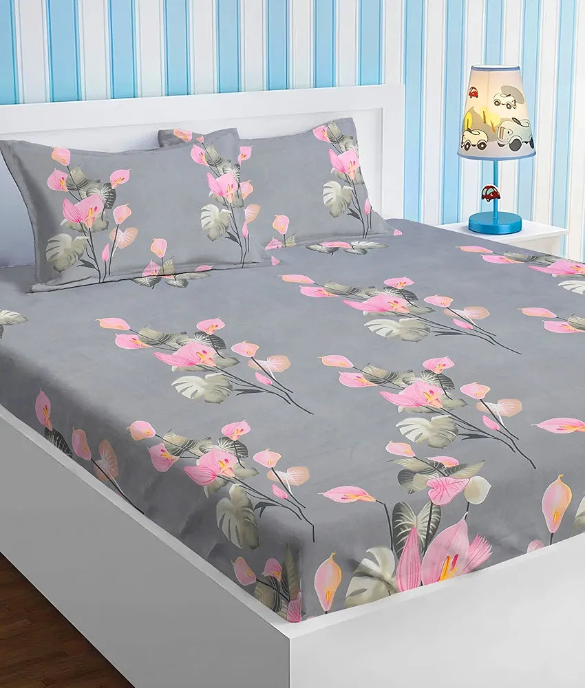 Premium Cotton Elastic Fitted Bedsheets with 2 King Size Pillow Covers Double Bed with All Around Elastic Supersoft Size - 72 x 78 +10 inches Flower Print Pink and Grey 200 tc - 220 tc