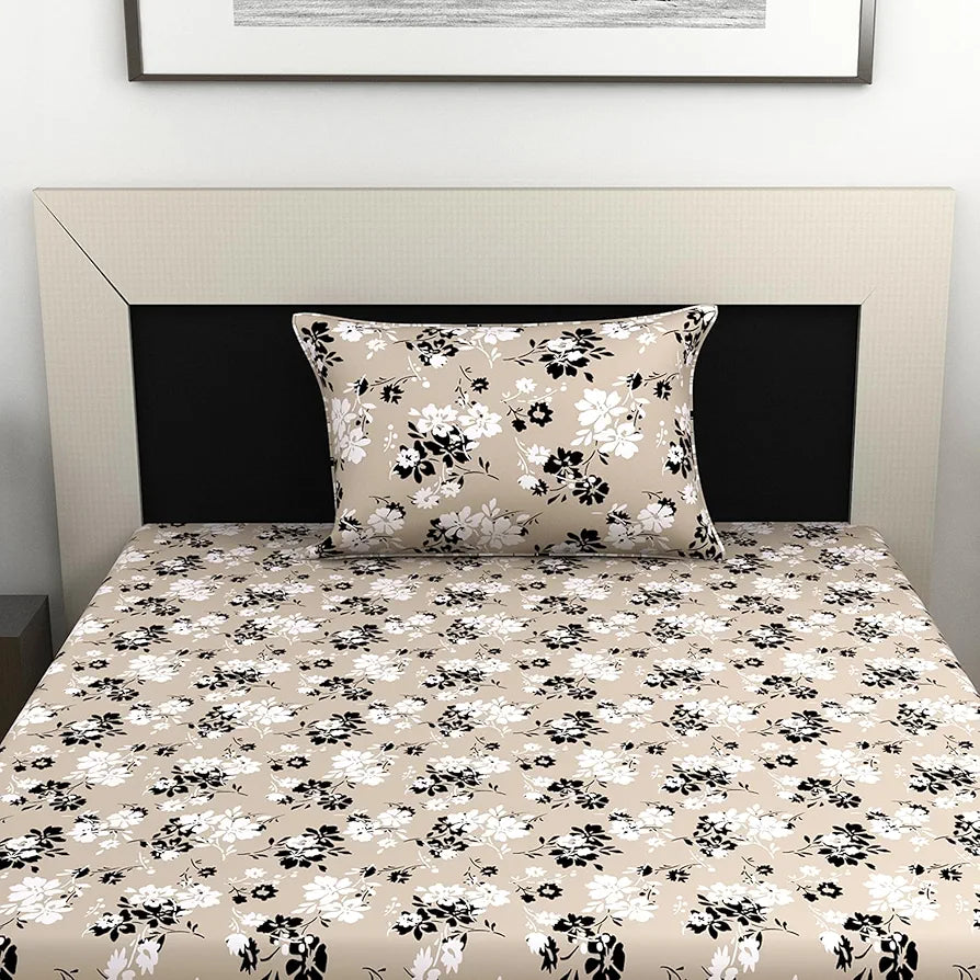Divine Casa Bedsheet for Single Size Bed 144 TC Cotton Bedsheet for Single Size Bed with 1 Pillow Cover  Floral Beige Sunflower Cotton Bedsheet