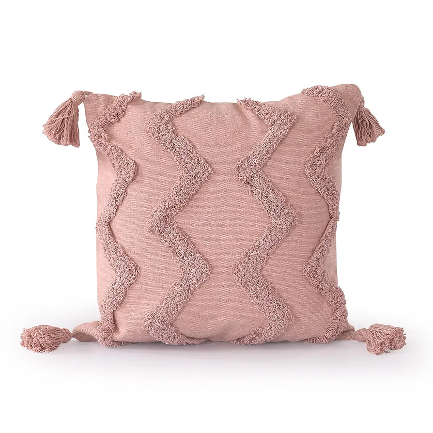 SASHAA WORLD Salmon Pink Chevron Tufted Cushion Cover with Tassels | Embrace Elegance and Comfort in Your Home Décor |Cushion Cover for Living Room/Bed/Sofa/Chair | 45X45 Cm