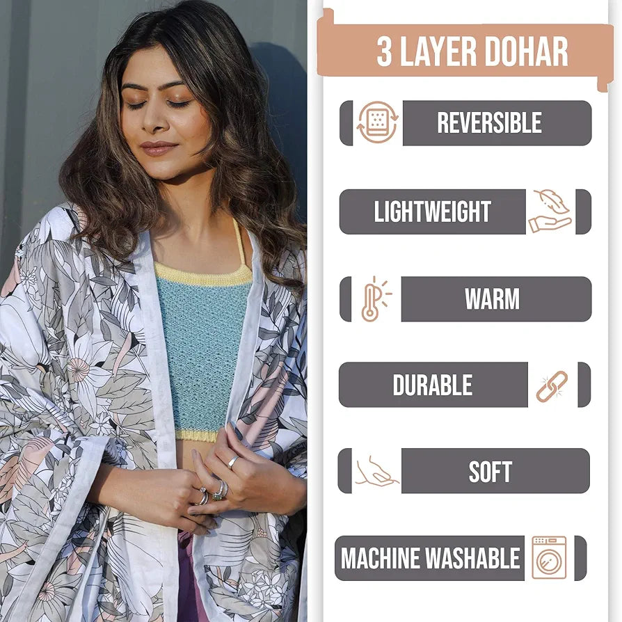 Divine Casa Floret 100% Cotton Double Dohar | 120 GSM | Soft & Lightweight Throw Blanket | Reversible Design | Cozy & Breathable Bedding | All-Season Comfort | 220 x 205 CM, Griffin