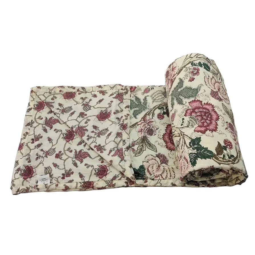 Trance Home Linen 100% Cotton Reversible Dohar Single Bed Size | Jaipuri Printed Artisan Block Design Blanket | Soft Lightweight Ac Comforter Quilt 