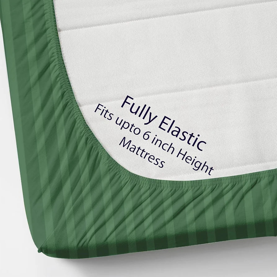 Homefab India 160 TC Stripe Cotton Feel Glace Cotton Elastic Fitted King Size Double Bed Bedsheet with 2 Pillow Covers Fits Upto 6 inches Mattress, Size-72X78 inches, Dark Green