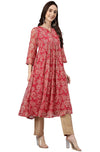 Janasya Women's Dark Pink Chiffon Lurex Floral Printed Flared Kurta