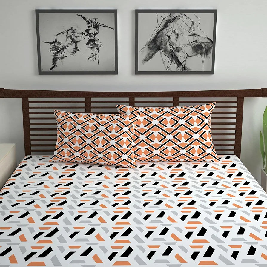 Divine Casa Double Size Bedsheet for Double Bed, 144 TC Pure Cotton Queen Size with 2 Pillow Covers | 222 by 254 cm | Abstract | Peach & Black