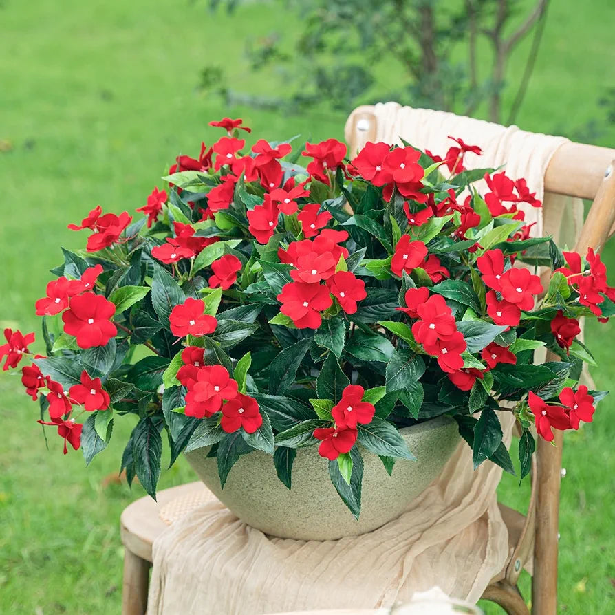 Uqueeten Artificial Impatiens Bouquet Flowers for Outdoors Silk Faux Flowers for Outdoor Impatiens Plants Decor Indoor Planters Kitchen Planters and Balcony Decorations 8PCS 