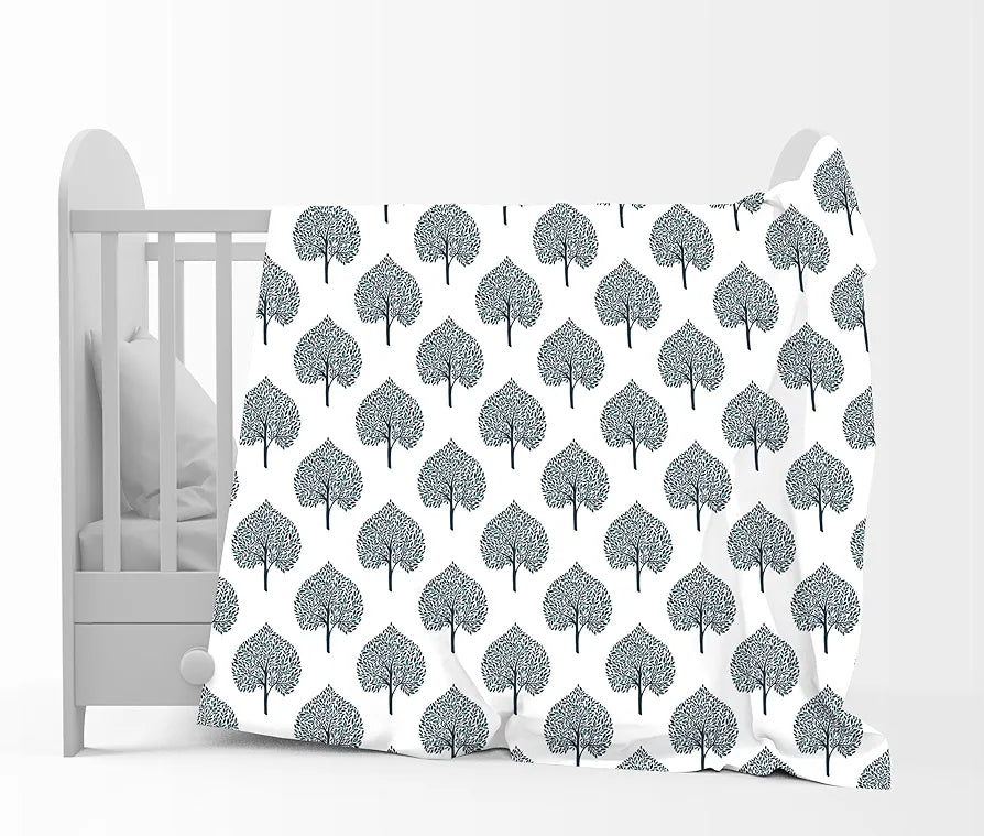 Divine Casa 120 GSM Microfiber Single Kids Dohar  | Soft & Lightweight Throw Blanket | Cozy & Breathable | All-Season Comfort | 140 x 100 CM | Tree Motif Pattern | Navy Blue & White