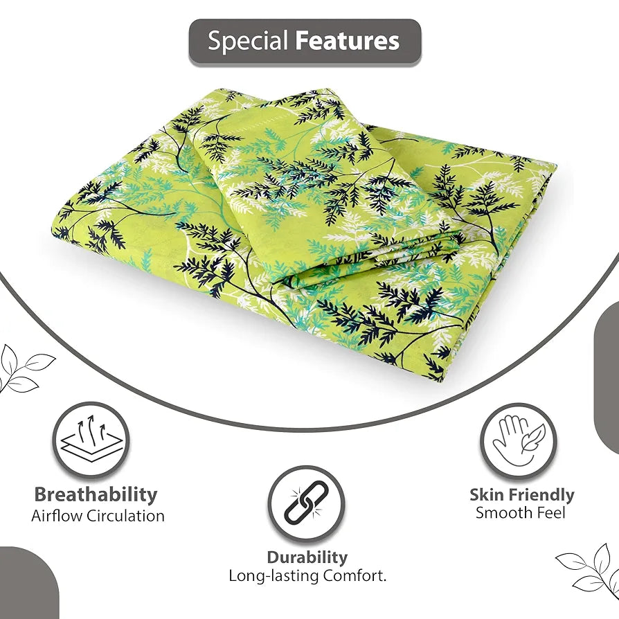 Divine Casa 144 TC 100% Cotton Single Bedsheet with 1 Pillow Cover | Skin-Friendly Fabric for Everyday Comfort | 223 X 145 CM | Floral Pattern | Lime Breeze