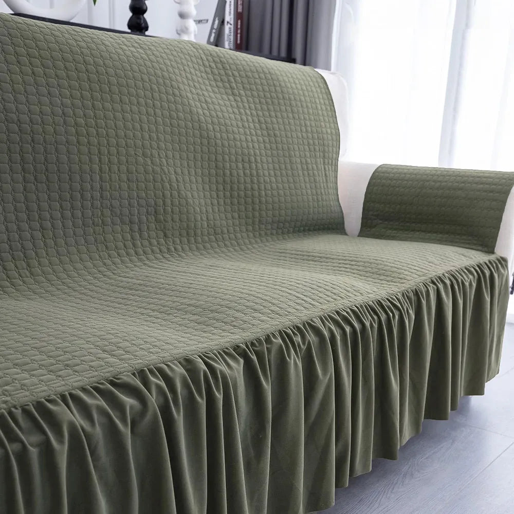 Kuber Industries Soft Velvet Quilted Single Seater Sofa Cover with Pocket Arms | Sofa Protector Cover | Sofa Slipcover Set | Non-Slip Couch Cover for Living Room | Frill - Olive Green