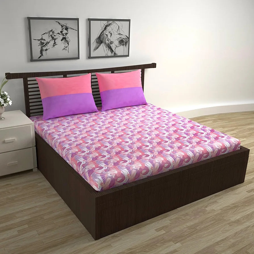 Divine Casa 144 TC Pure Cotton Double Bedsheet with 2 Pillow Covers | Smooth & Comfortable for Daily Use | All-Weather Coziness & Bedroom Style | Size 222 x 254 CM | Floral Paisley | Lavender Pink