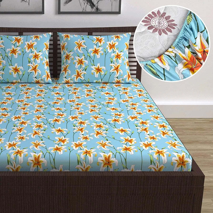 Divine Casa Floret 100% Cotton Double Fitted Bedsheet | 144 TC | Deep Pocket Design | Soft & Breathable Fabric | Durable & Easy Care | 200 x 150 + 25 CM, Wildflower Charm