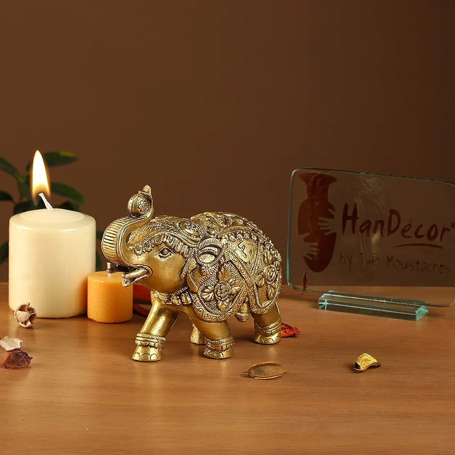 Two Moustaches Om and Swastika Carving Brass 7 Inches Elephant Showpiece, Weight - 1.6 Kg, Standard, Pack of 1