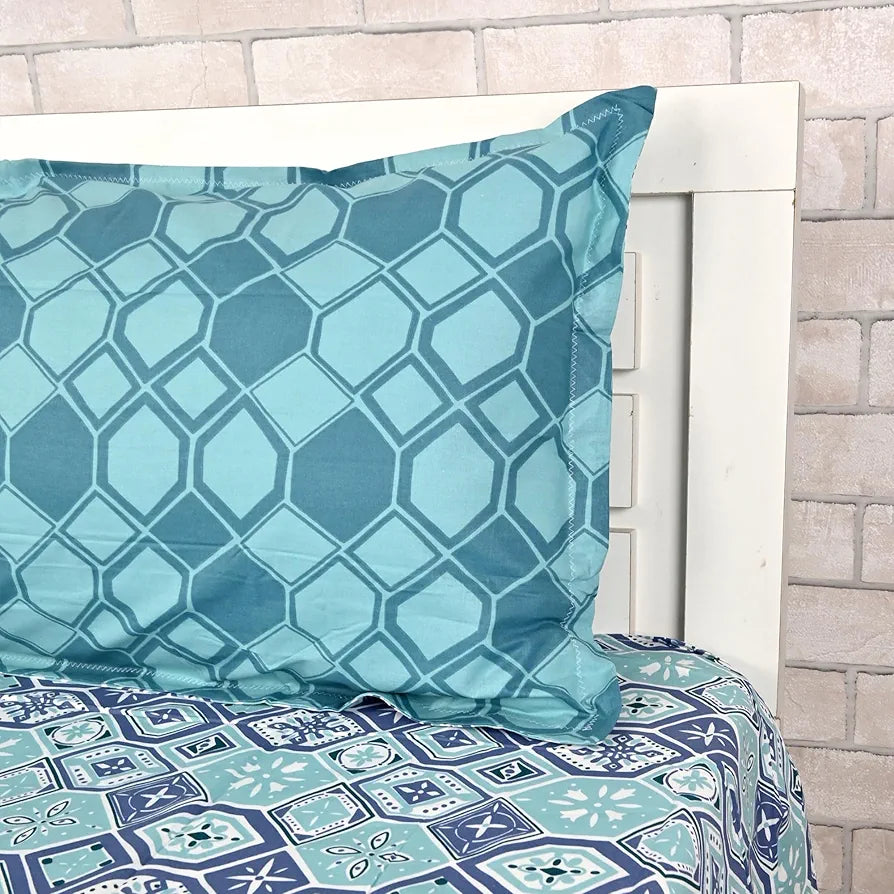 Divine Casa 144 TC 100% Pure Cotton Single Size Bedsheet with 1 Pillow Cover | Soft, Durable & Skin-Friendly Fabric for All-Season Comfort & Use | Size 223 x 145 CM | Geo Nordic Hexa | Ice Aqua Blue