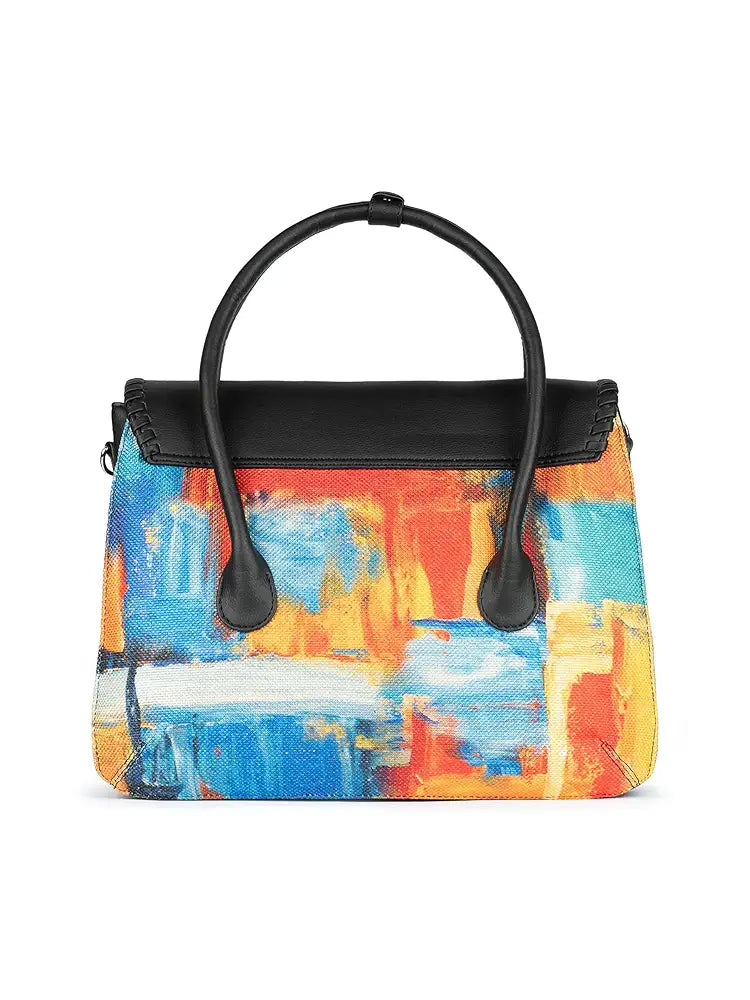 ZOUK Printed Jute Handcrafted Vegan Leather Multicolor Women's Satchel Bag | Ladies Purse Handbag | Double Handle Detachable Strap
