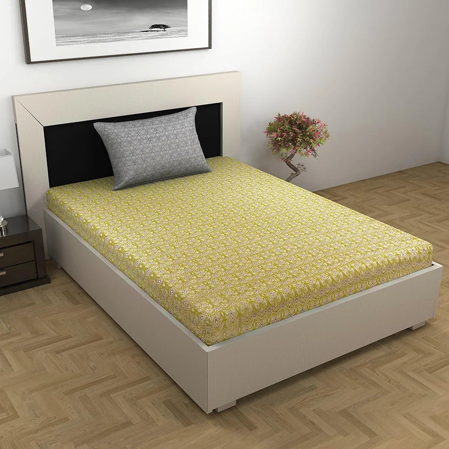 Divine Casa 144 TC Pure Cotton Single Size Bedsheet with 1 Pillow Cover | Soft, Durable & Skin-Friendly Fabric for All-Season Comfort | Size 223 x 145 CM | Geometric Diamond Print | Golden Lime Grey