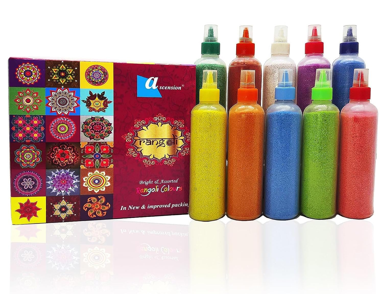 Ascension 10 Rangoli Powder Colors Bottles 4 Stencils and 2 Fillers De -  Swadesii
