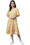 Janasya Women's Yellow Cotton Floral Print Midi Dress