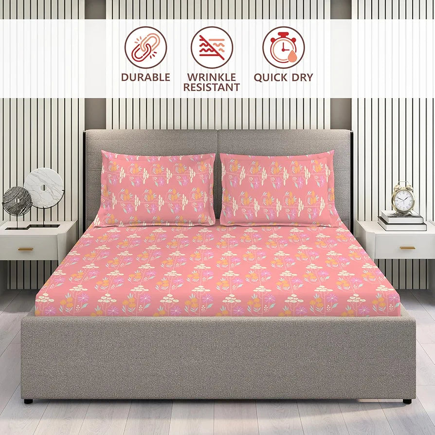 Layers Basicx 100% Cotton Bedsheet Set for All Seasons - Lightweight, Moisture Absorbent, Machine Washable & Easy to Care - Gift for Housewarming & More - 120 TC - Queen Size 