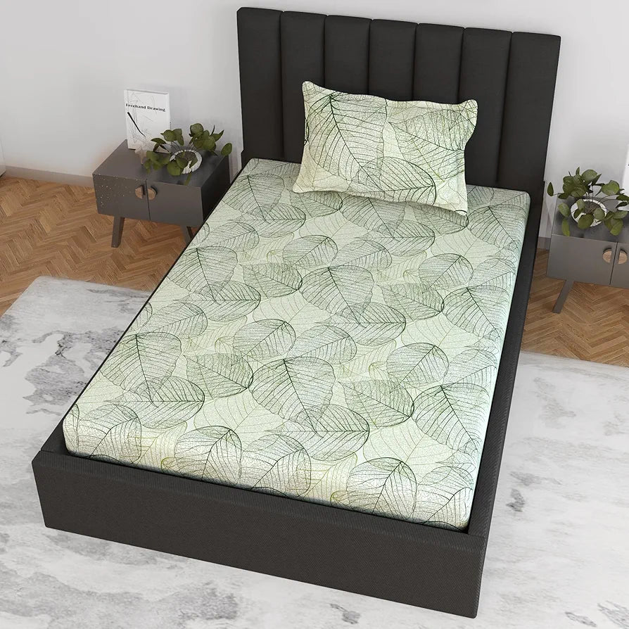 Divine Casa 100% Cotton Fitted Bedsheet Set for Single Bed | Floral Print | 144 TC Soft & Breathable | Wrinkle-Free Finish | Includes 1 Bedsheet & 1 Pillow Cover