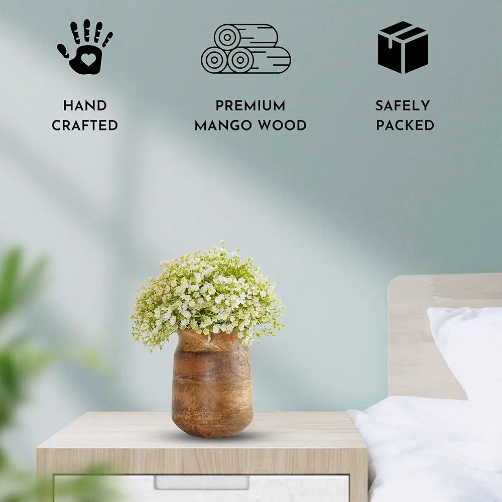 Behoma Flower Vase, Jar Shape Mango Wood Vases for Flowers for Decor Home Living Room Kitchen Office, Natural Light Brown Finish | Height - 6.1 inch 