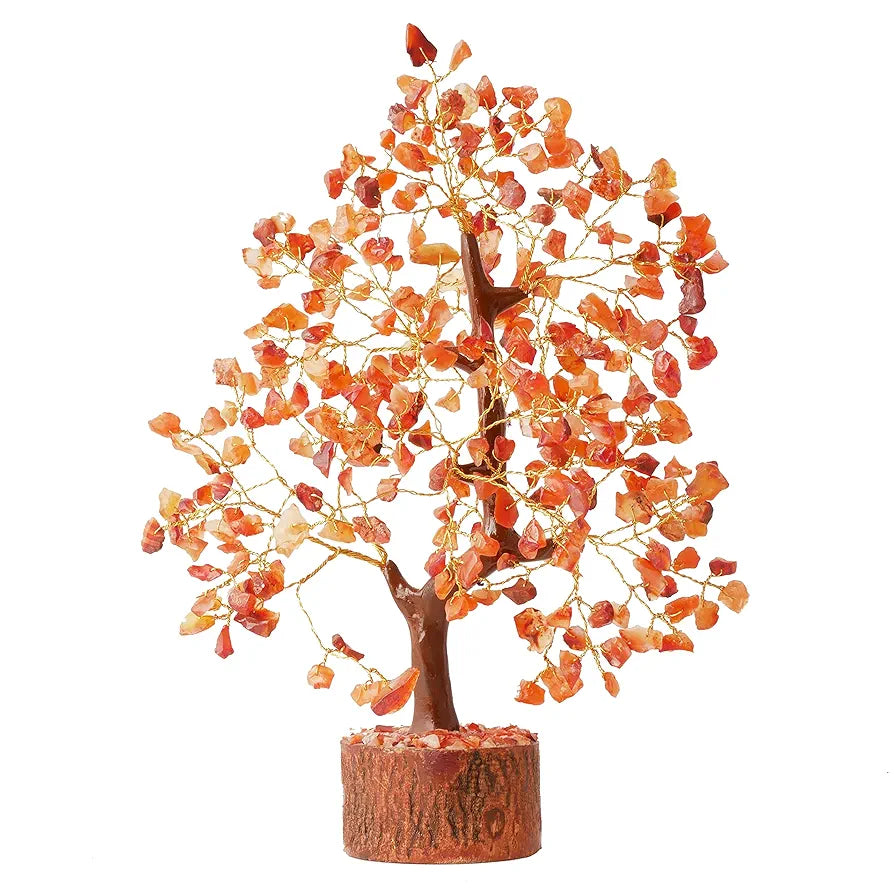 Reikved Carnelian Crystal Natural Gemstone Carnelian Gold Bonsai Money Tree with Chakra Bracelet for Reiki Healing Good Luck, Home, Office Decor 300 Beads, Size 10-12 Inches