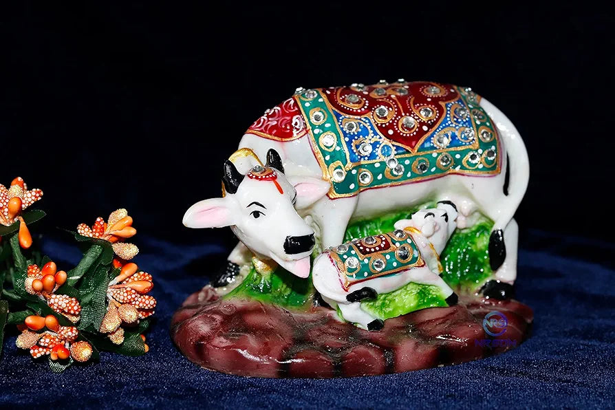 NRSON® Handicraft Decorative Marble dust Cow with Calf/Polyresin Cow and Calf Big Statue 5 x 3 x 3 inch 