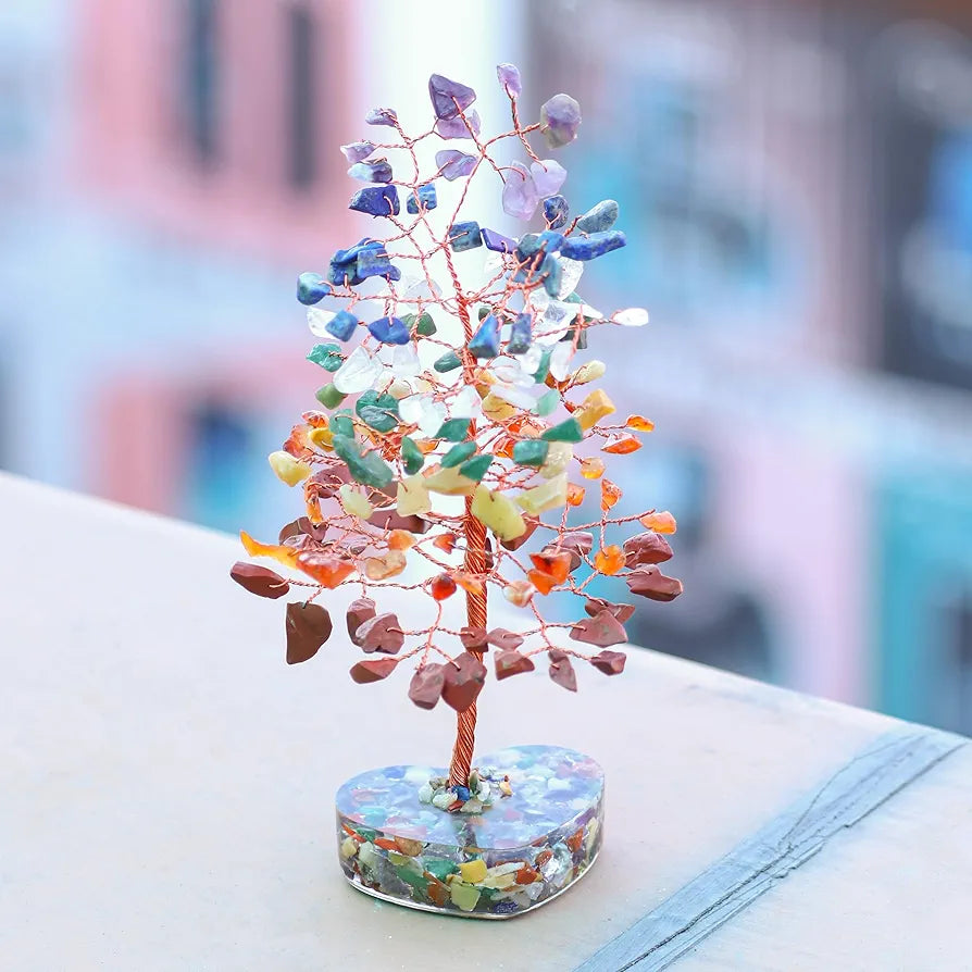 ZAICUS 7 Chakra Gemstone Bonsai Tree with Orgone Heart Base – Feng Shui Showpiece for Positive Energy & Home Décor – Healing Crystal Tree, Ideal Gift