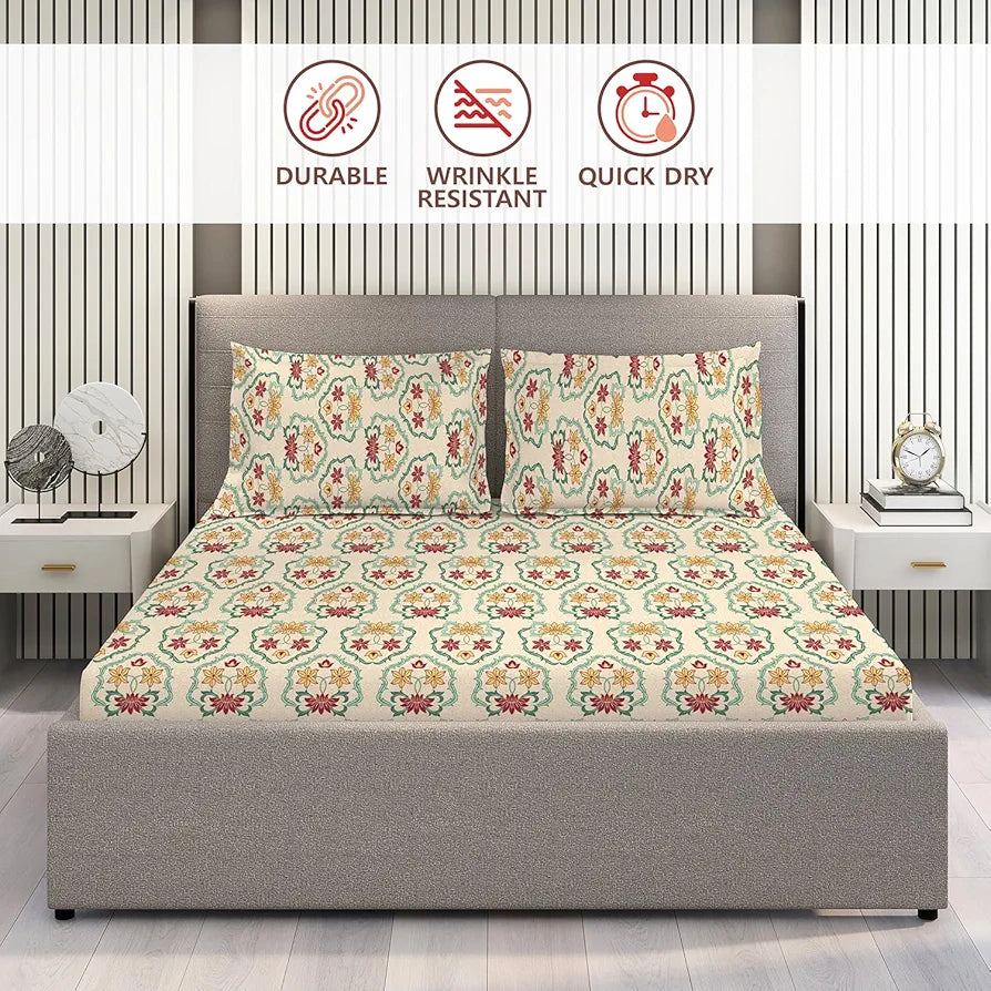 Layers Basicx 100% Cotton Bedsheet Set for All Seasons - Lightweight, Moisture Absorbent, Machine Washable & Easy to Care - Gift for Housewarming & More - 120 TC - Queen Size 