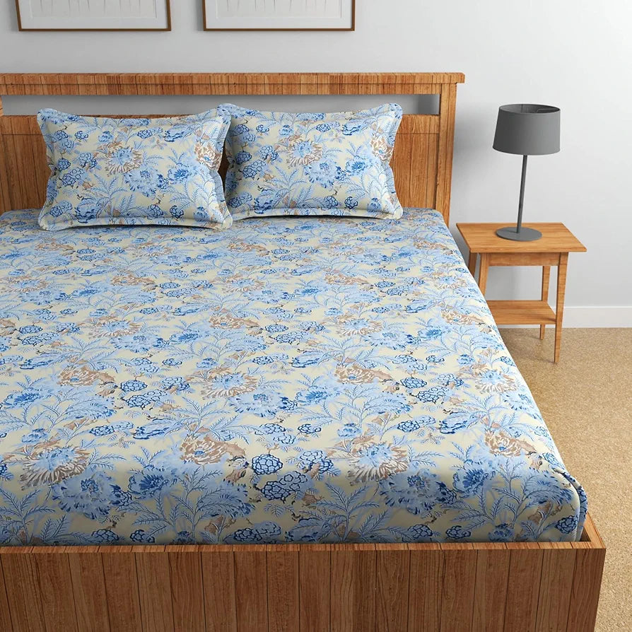 Homefab India 160 TC Glace Cotton Double BedSheet with 2 Pillow Covers -  - Light Blue, Floral