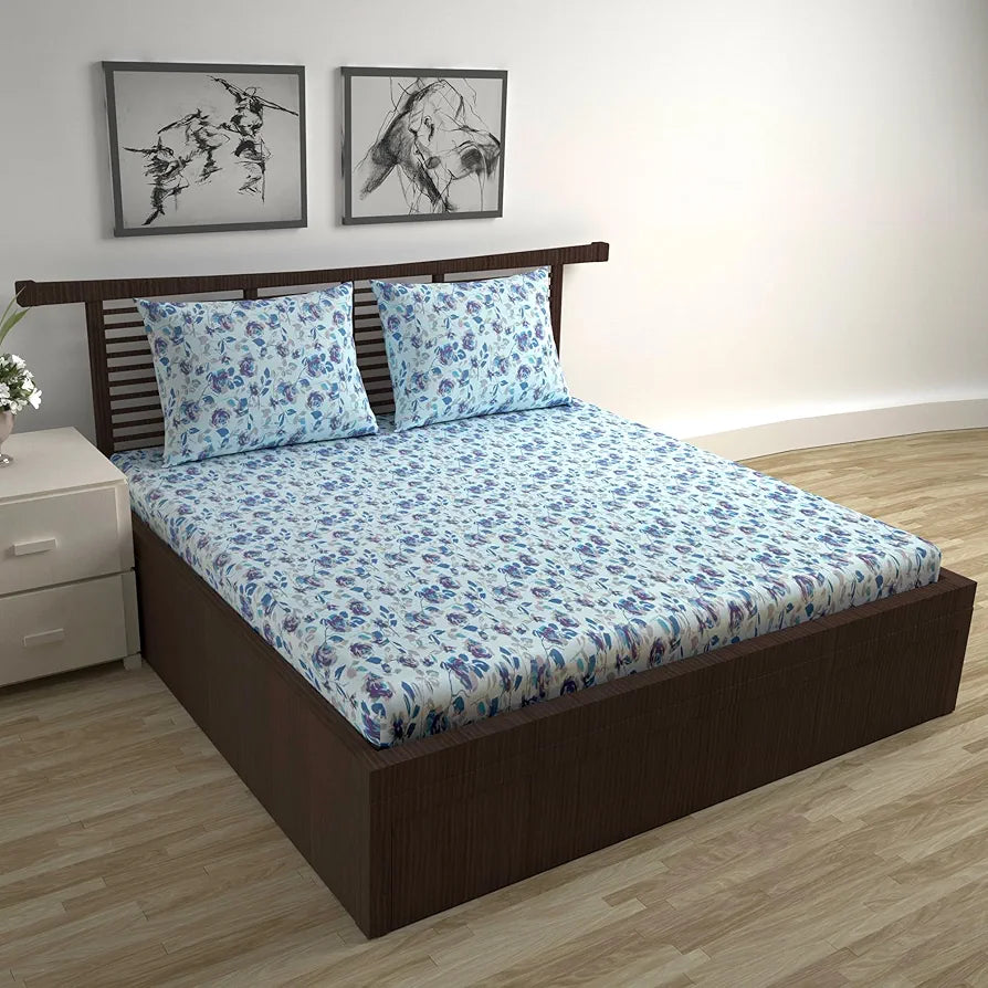 Divine Casa 144 TC Pure Cotton Double Bed Bedsheet with 2 Pillow Covers | Soft & Durable for Everyday Use & Bedroom Decor | All-Season Comfort | Size 222 x 254 CM | Floral Pattern | Sky Purple Blue