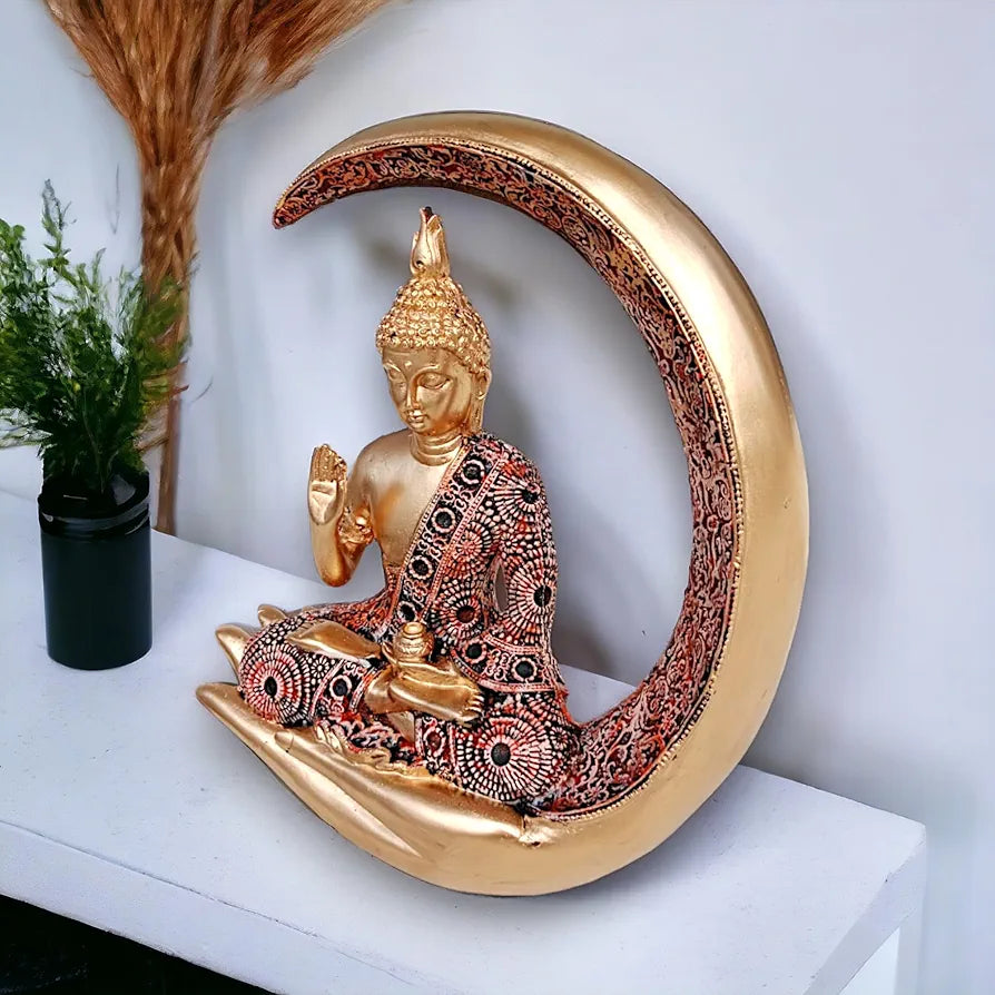 NEELAYA Antique Meditating Moon Buddha Showpiece | Polyresin Statue for Home Decor, Living Room, Office | Housewarming, Gifting 