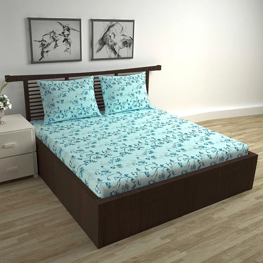 Divine Casa Floret 100% Cotton Double Fitted Bedsheet | 144 TC | Deep Pocket Design | Soft & Breathable Fabric | Durable & Easy Care | 200 x 150 + 25 CM, Winter Fern