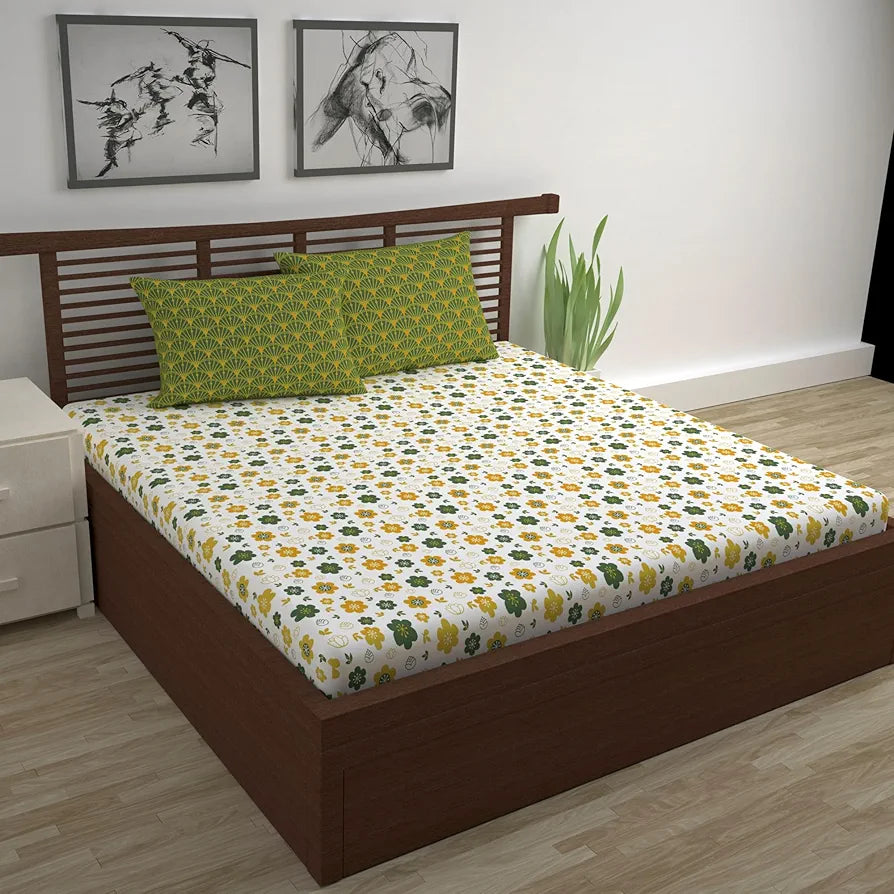 Divine Casa Double Size Bedsheet for Double Bed, 144 TC Pure Cotton Queen Size with 2 Pillow Covers | 222 by 254 cm | Floral | Mustard Green