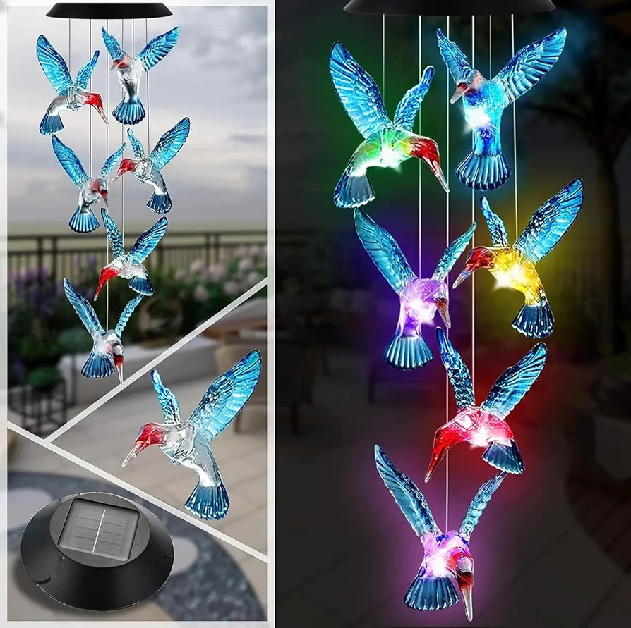 Taiga Humming Bird Solar Power Wind Chimes for Balcony & Outdoor Home Decoration | Color Changing Hanging Led Lights | Gift Item | Positive Energy Creator in Garden, Multi Color