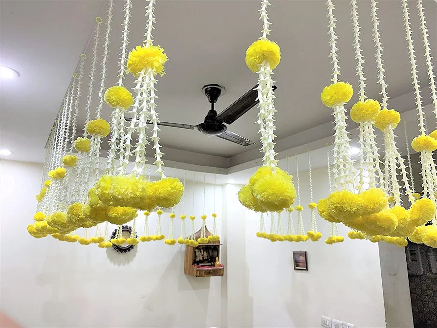 SPHINX Artificial Rajnigandha  Clustered Fluffy Marigold  Strings for Decoration of Home, Balcony, Walls, Hall, ganpati Backdrop Approx 2.33 ft - Pack of 6 