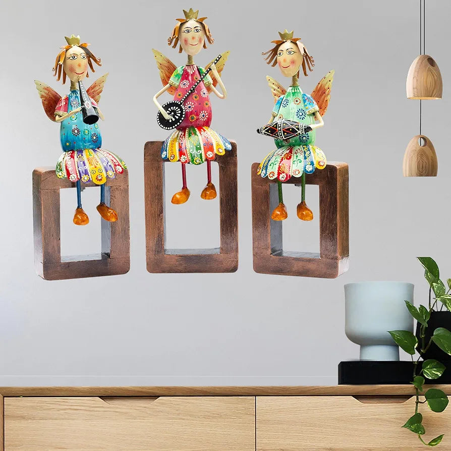 KRAFTSKALA Angel Musician Statues – Set of 3 | Handcrafted Metal & Wood | Wall Hanging, Shelf Display, Tabletop Home Decor Gift Item