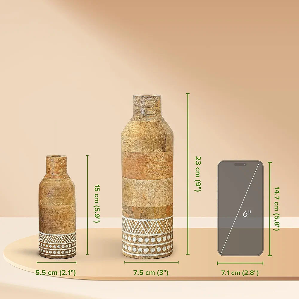 Behoma Boho Engraved Design Wooden Flower Vase Set of 2, Bottle Shape Mango Wood Vases for Flowers for Decor Home Living Room Kitchen Office, Natural Light Brown Finish | Height - 23 cm & 15 cm