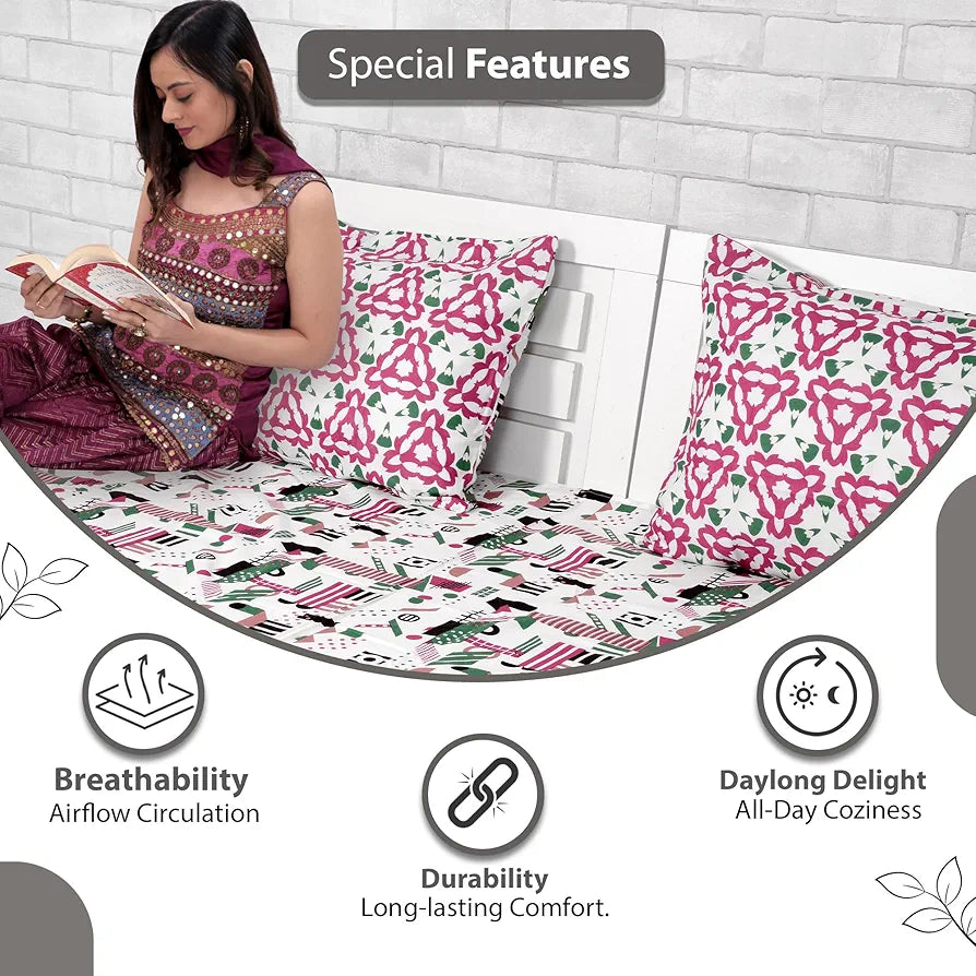 Divine Casa - 144 TC Super Soft Cotton Bedsheet for Double Bed  144 Thread Count - Abstract, Pink & White| 222 x 254 cm