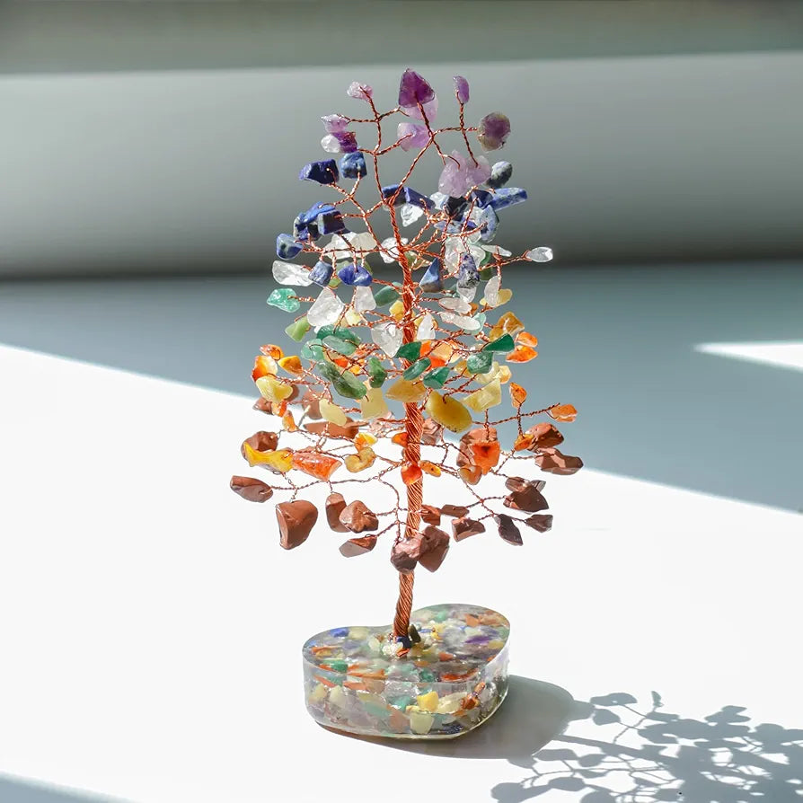 ZAICUS 7 Chakra Gemstone Bonsai Tree with Orgone Heart Base – Feng Shui Showpiece for Positive Energy & Home Décor – Healing Crystal Tree, Ideal Gift