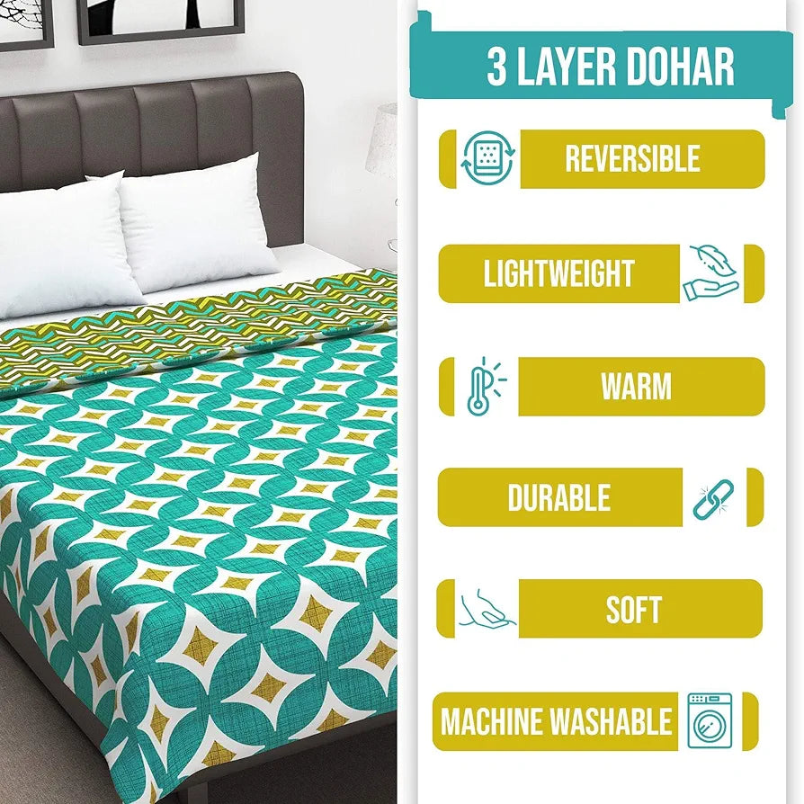 Divine Casa 120 GSM Glace Cotton Double Bed Dohar | Lightweight AC Blanket | Reversible Summer Quilt | 220 x 205 CM, Turquoise Blue & Leaf Green