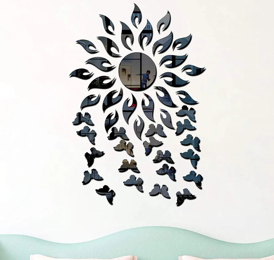 Bikri Kendra - Sun with 20 Butterfly - 3D Acrylic Glass Wall Mount Mirror Wall Stickers , Pack of 1