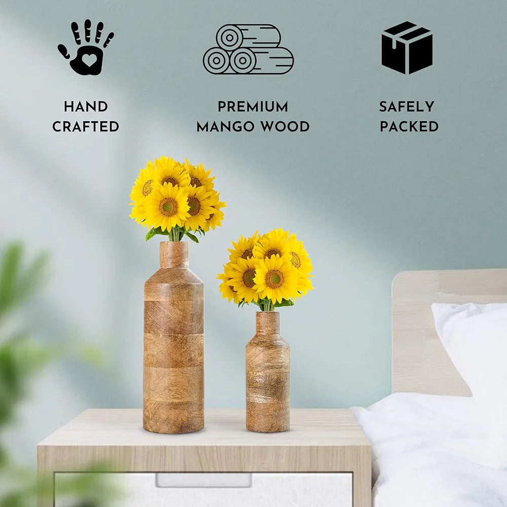Behoma Wooden Flower Vase Set of 2, Bottle Shape Mango Wood Vases for Flowers for Decor Home Living Room Kitchen Office, Natural Light Brown Finish | Height - 9 inch  & 5.9 inch 