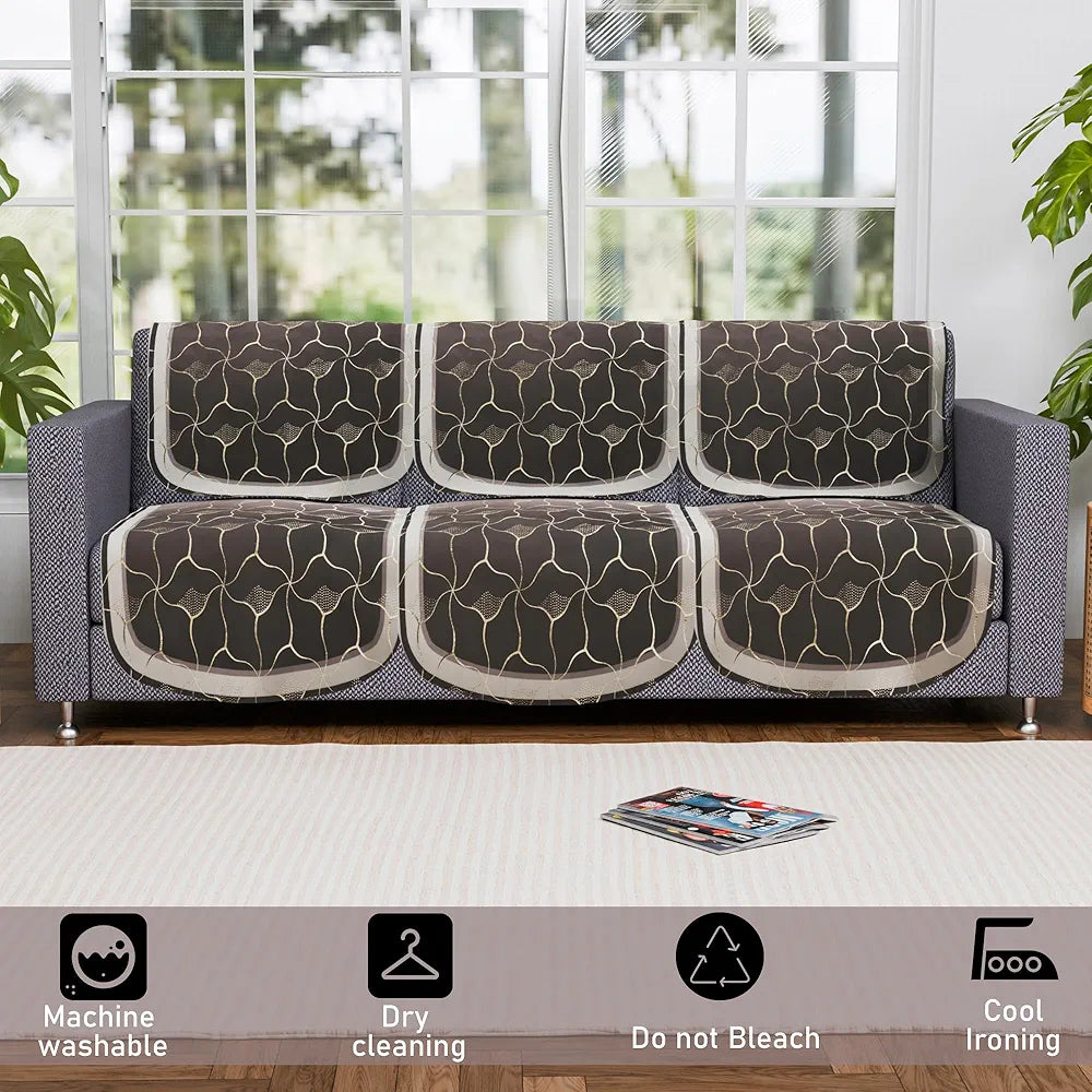 Kuber Industries Set of 6 Durable 3 Seater Sofa Cover for Living Room | Easy Machine Washable Sofe ke cover for Protection & Comfort for Home Furniture | Arabica Look - Brown & Golden Foil