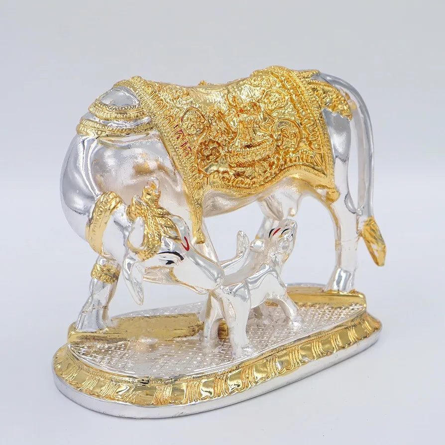 JAIPUR ACE Kamdhenu Cow with Calf Statue, Standard Size, Golden   