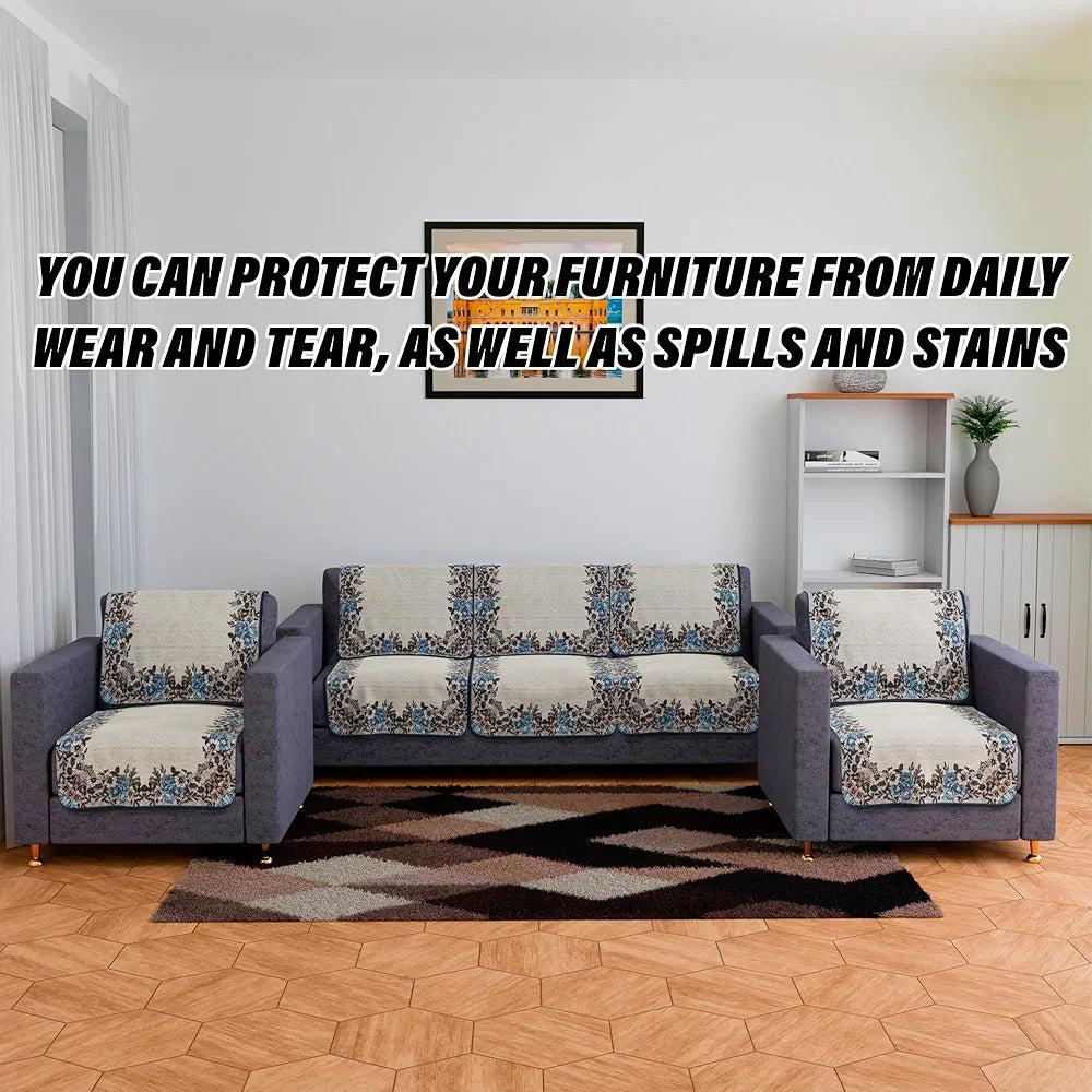 Kuber Industries Sofa Cover Set | 5-Seater Couch Cover | Net Velvet Sofa Slip Cover Set | Sofa Slipcover Set | Sofa Cover for Living Room | Blue Gulab Border Crown Sofa Cover | Cream