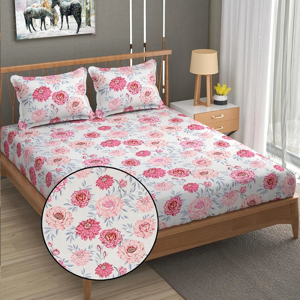 FRESH FROM LOOM Floral Print 240 TC King Size Microfiber Fitted Bedsheet Set - Soft & Anti Fade, 2 Pillow Covers Included  | Rose-Offwhite)