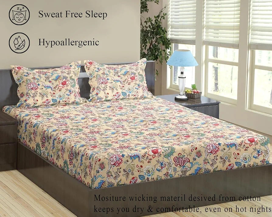 Trance Home Linen 144TC 100% Cotton Heritage Elastic Fitted Bedsheet with 2 Pillow Covers |Jaipuri Printed Artisan Block Design | Soft Hypo-Allergenic 